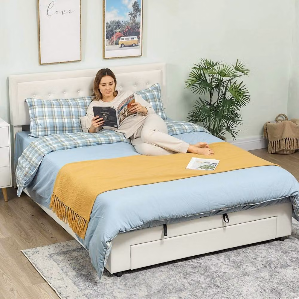 FORGEVIO King Size Bed Frame with Storage Drawers and Adjustable Headboard in White Velvet Fabric, W/D/H: 150 x 200 x 104 cm (Height: 157.5 cm) – 3