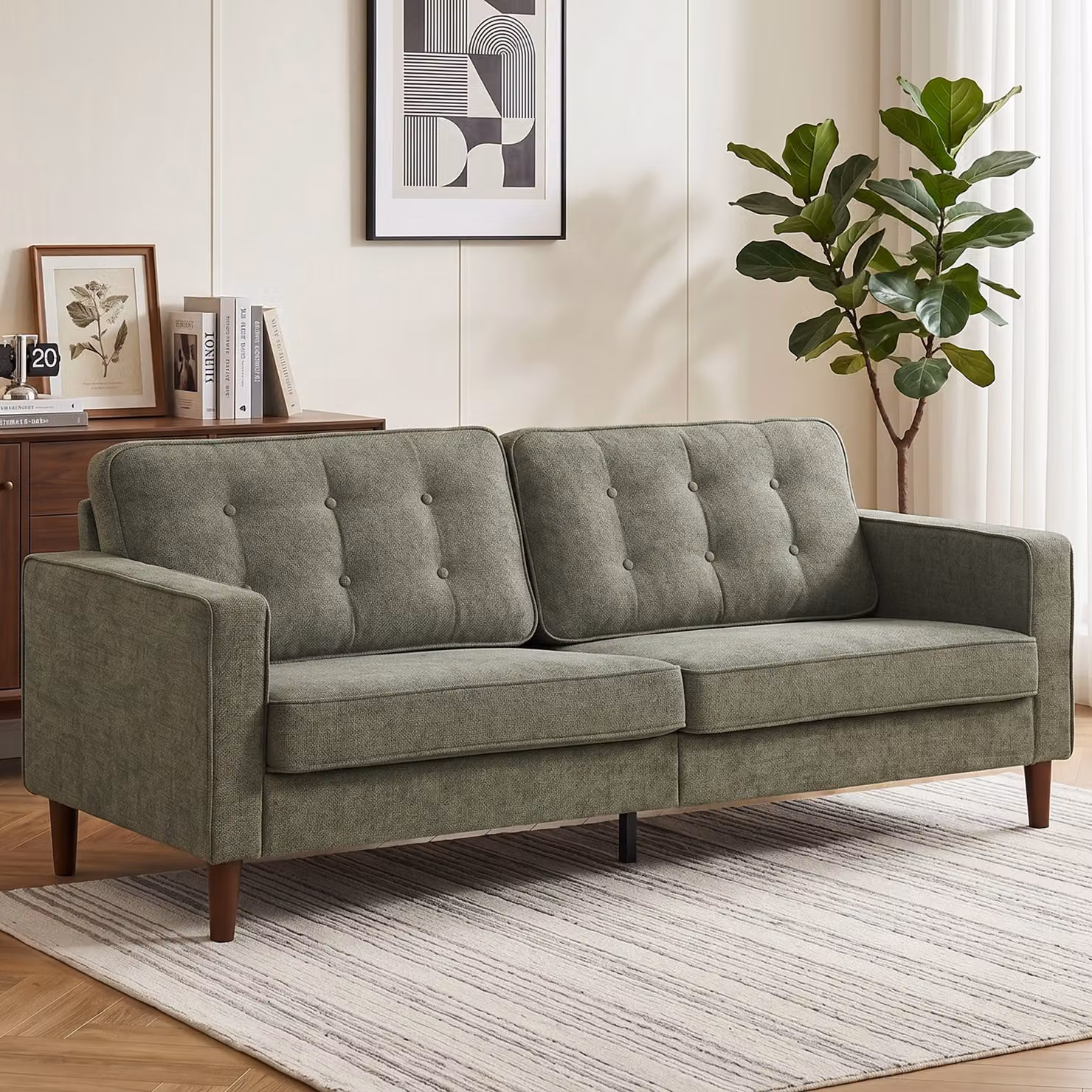 HOMCOM 3 Seater Button Tufted Velvet Sofa in Green with Wood Legs – 2