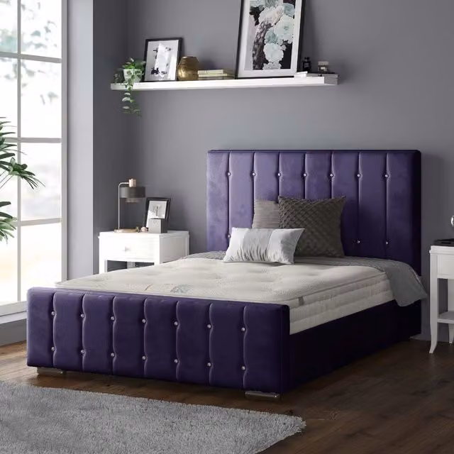 IH Design Anastasia Striped Plush Velvet Upholstered Bed Frame in Purple, W/D/H: 200 x 200 cm