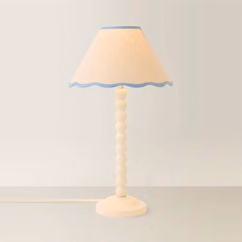 ValueLights Bobbin Blue Trim Linen Shade Walnut Bobble Table Lamp with Bulb – 1