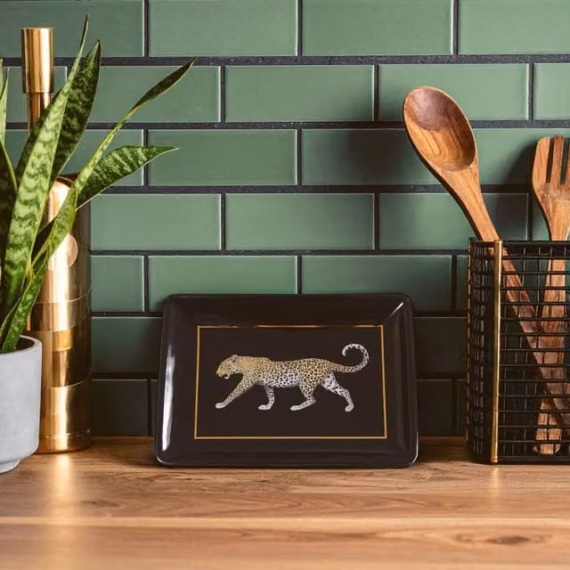Orsina Leo Rectangular Ceramic Stoneware Tray in Black, Brown and Gold