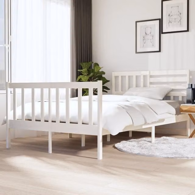Berkfield Home White Solid Pine Wood Bed Frame W/D/H: 140 x 190 cm – 1