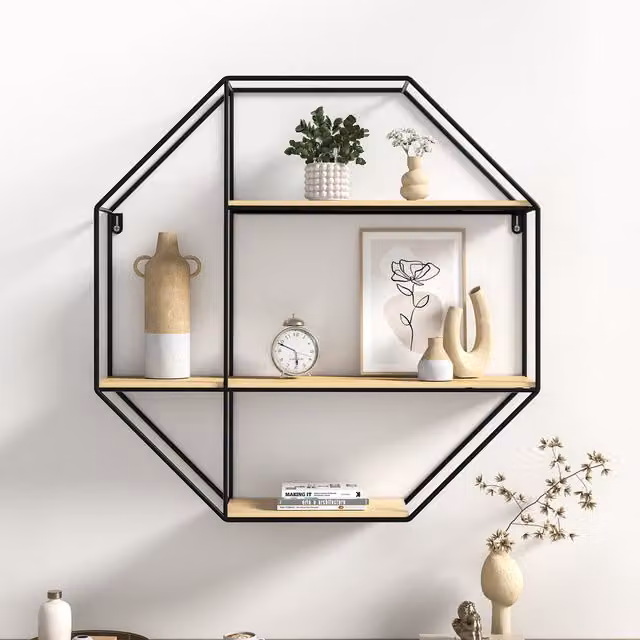 Livingandhome Modern Octagonal Metal and Wood Floating Wall Display Shelf, Black