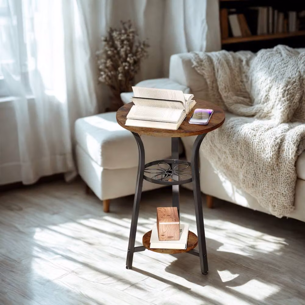 FURNOS 3 Tier Round Small Side End Table in Brown and Black, W/D/H: 38 x 38 x 56.5 cm – 5