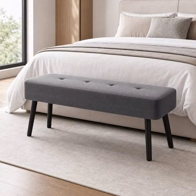 STILVORA Grey Corduroy Bedroom Bench with Metal Legs, Width: 100 cm – 1