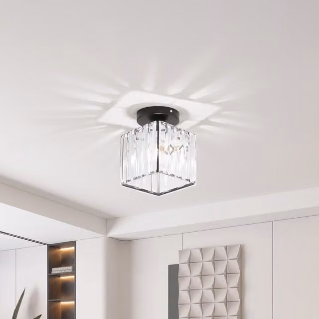 Lifeideas Modern Black Metal Ceiling Light with Transparent Glass Crystal Shade