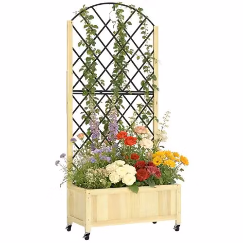 Outsunny Wooden Raised Garden Bed with Metal Trellis and Lockable Wheels, Natural Brown