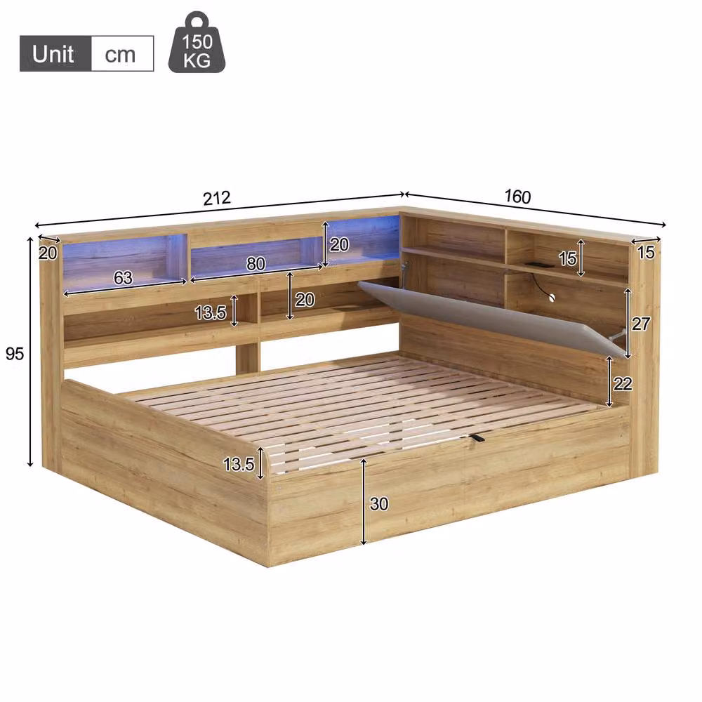 BTM Natural Solid Wood Double Daybed with Hydraulic Storage, LED Lighting and USB Charging Port, W/D/H: 140 x 200 x 95 cm – 4