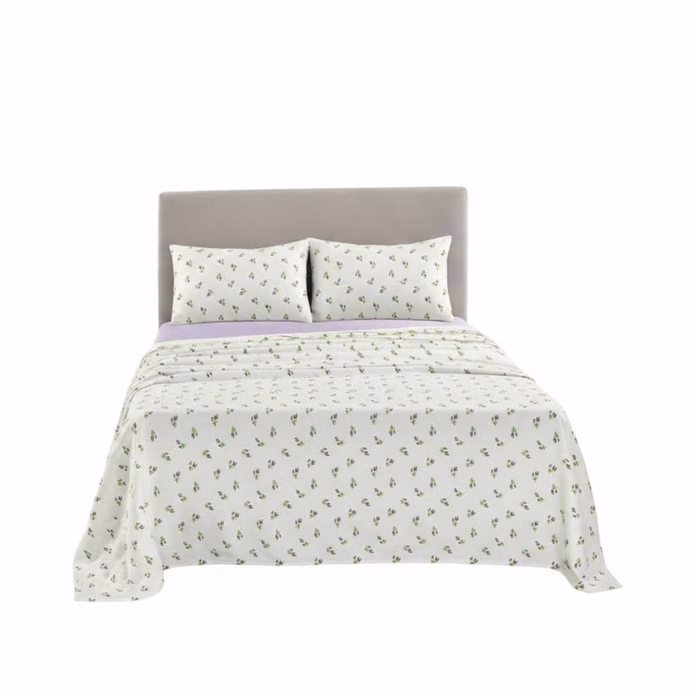 Snug City Purple Floral Print Brushed Cotton Flannelette Fitted Sheet and Matching Pillowcase, Single, W: 90 cm, L: 200 cm – 2