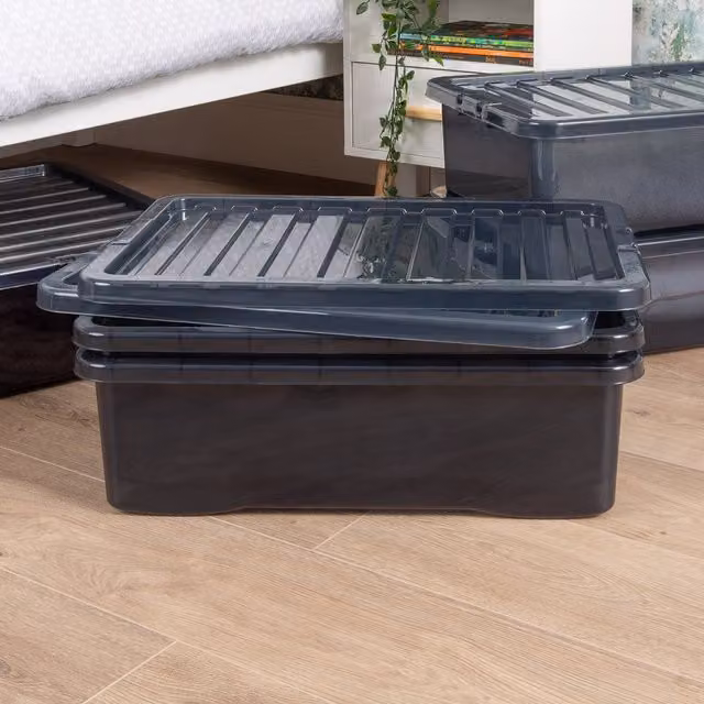 Wham Crystal 5 x 32 l Plastic Storage Boxes with Lids, Black and Transparent