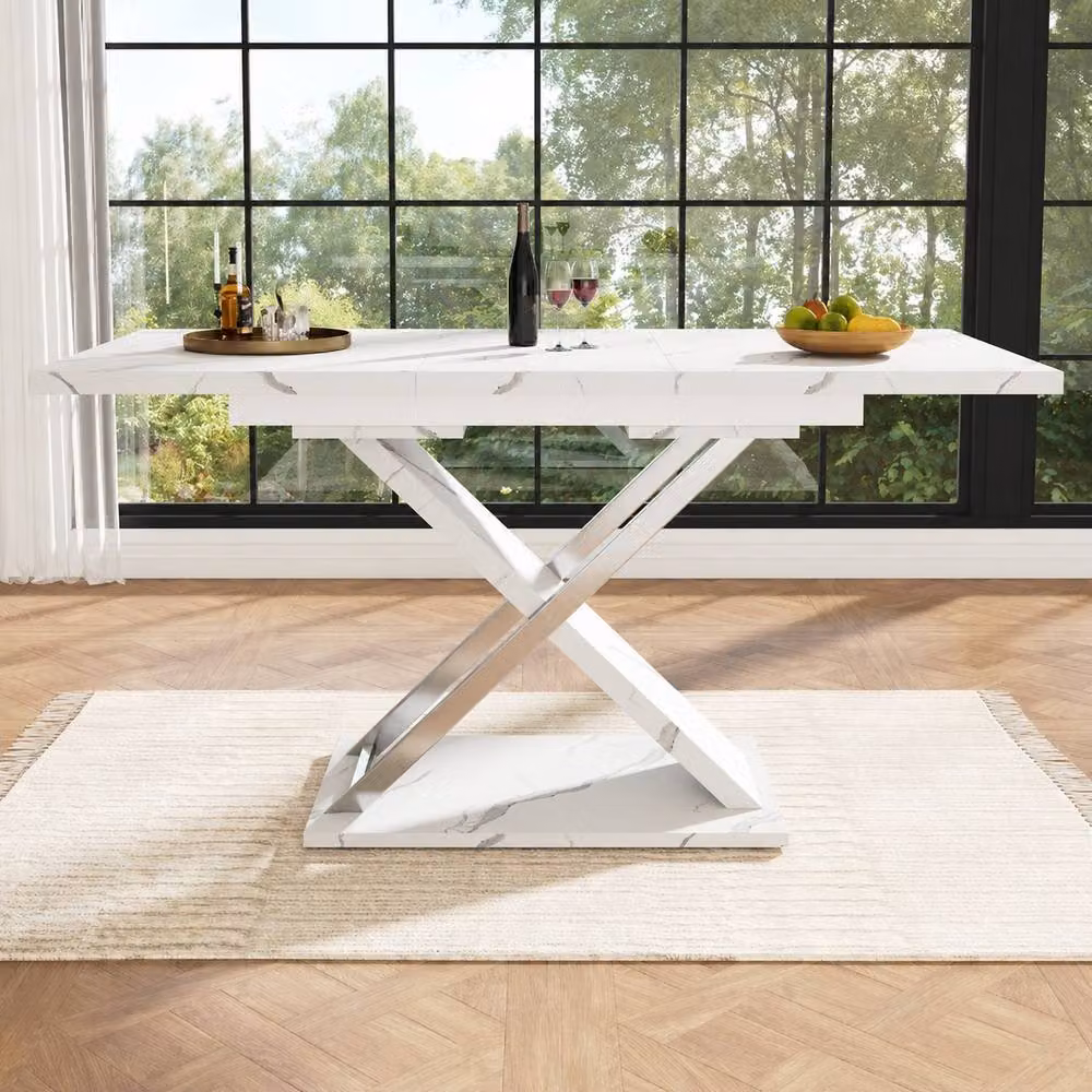 Merax Extendable White Marble Effect Dining Table with X-Frame Legs – 3