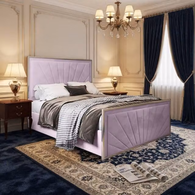 KDMD Thornhill Super King Upholstered Velvet Designer Bed Frame in Pink with Metal Details, W/D/H: 200 x 180 x 137 cm – 1