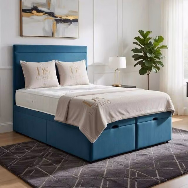 DS Living Majesty Ottoman Bed in Blue Velvet, W/D/H: 140 x 200 cm
