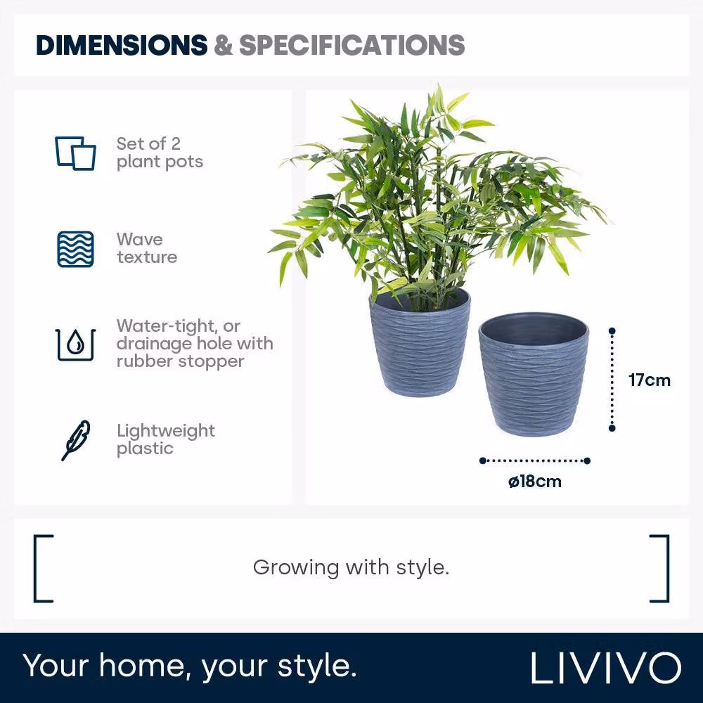LIVIVO Set of 2 Grey Plastic Plant Pots with Wave Design and Drainage Hole, 18 cm Diameter – 8