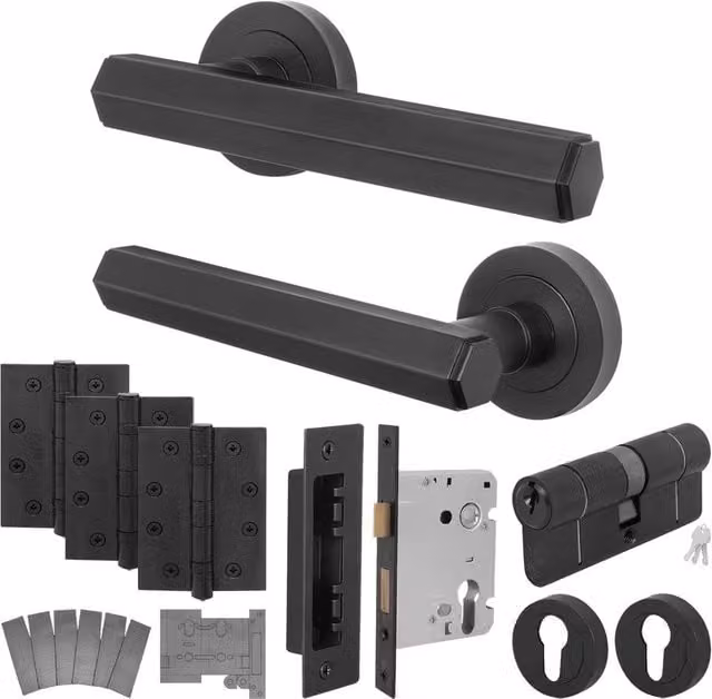 AFIT Black Fire Door Handle Euro Lock Double Cylinder Set with Matt Aluminium Hinges, Size: 150 x 150 mm