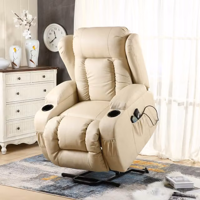 More4Homes Caesar Single Motor Rise Recliner Heat and Massage Chair in Cream Bonded Leather – 1