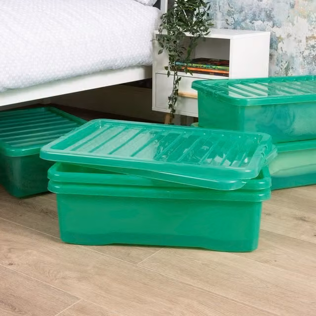 Wham Crystal Stackable Plastic Storage Boxes with Lids, 32L, Green/Transparent, Set of 5