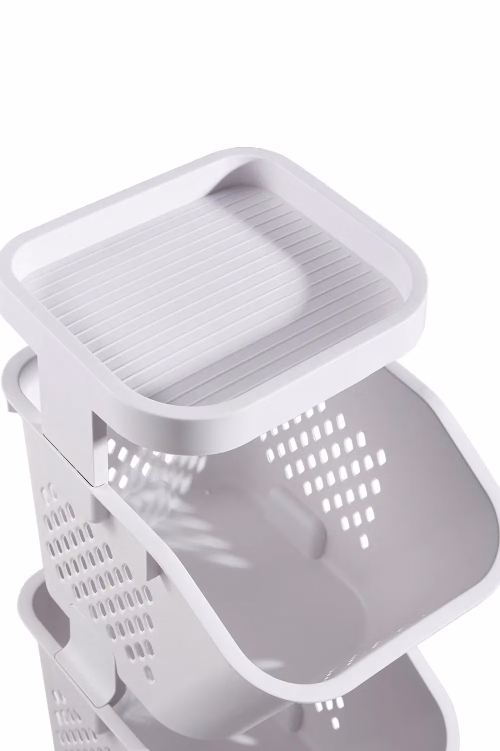 H&O Direct 3-Tier Plastic Laundry Basket Storage Rack with Casters, White – 3