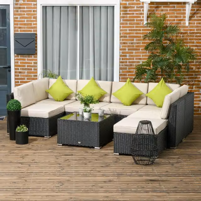 Outsunny 8-Piece L-Shape Rattan Garden Furniture Set with Upholstered Cushions in Black