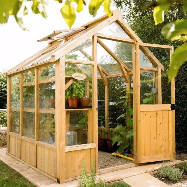 Vale Forest Brown Wood Greenhouse with Tempered Glass Windows and Shelving