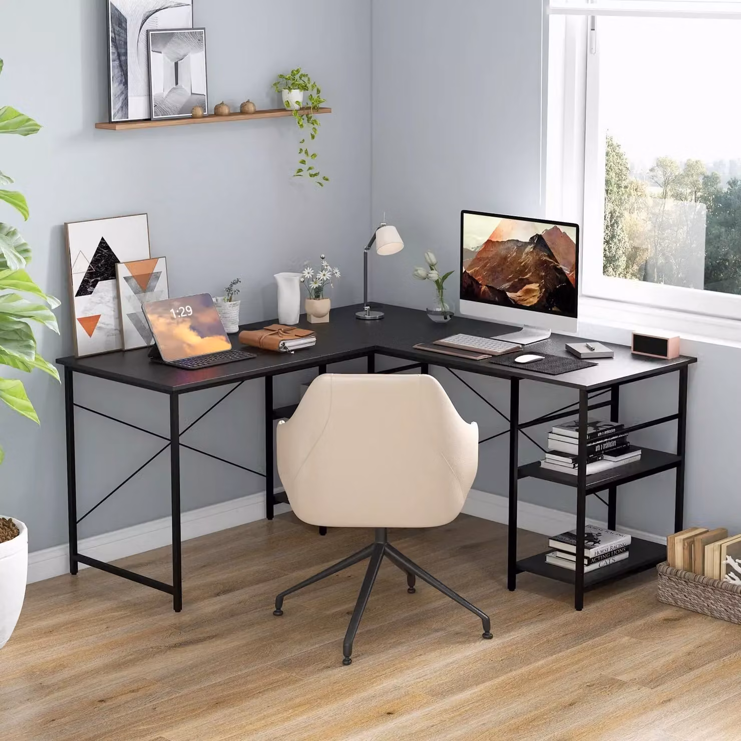 Costway L-Shaped Corner Computer Desk with Storage Shelf in Black – 3