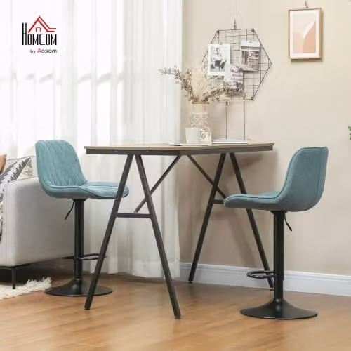 HOMCOM Set of 2 Blue Fabric Bar Stools with Backrest and Footrest, Height Adjustable and 360 Degree Swivel – 2