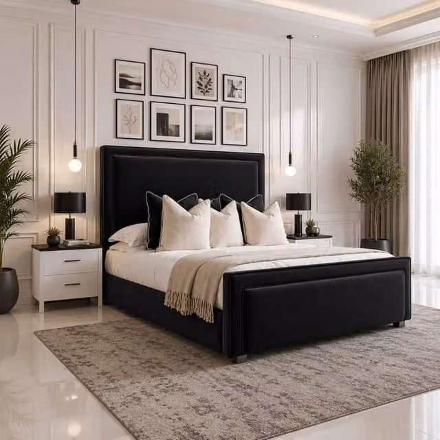 Velmora Upholstered Velvet Ottoman Storage Bed with Headboard in Black, W/D: 90 x 200 cm