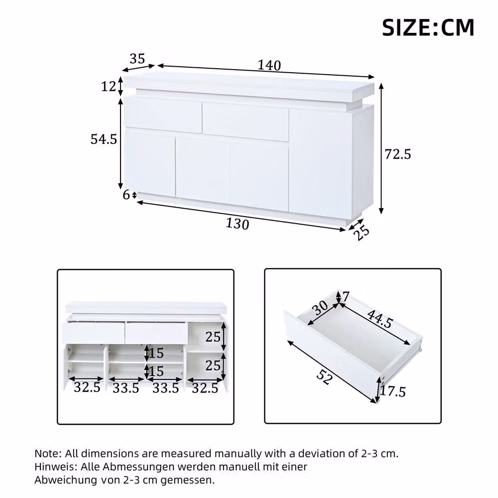 ModernLuxe High Gloss White Sideboard with Integrated LED Lights, 4 Doors and 2 Drawers, W/D/H: 140 x 35 x 72.5 cm – 2