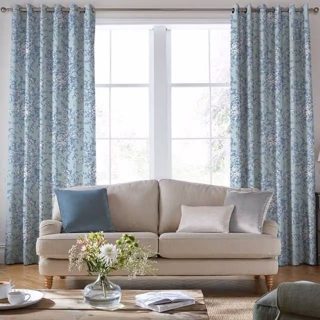 Laura Ashley Picardie Made to Measure Blackout Floral Eyelet Curtain Panel in Blue