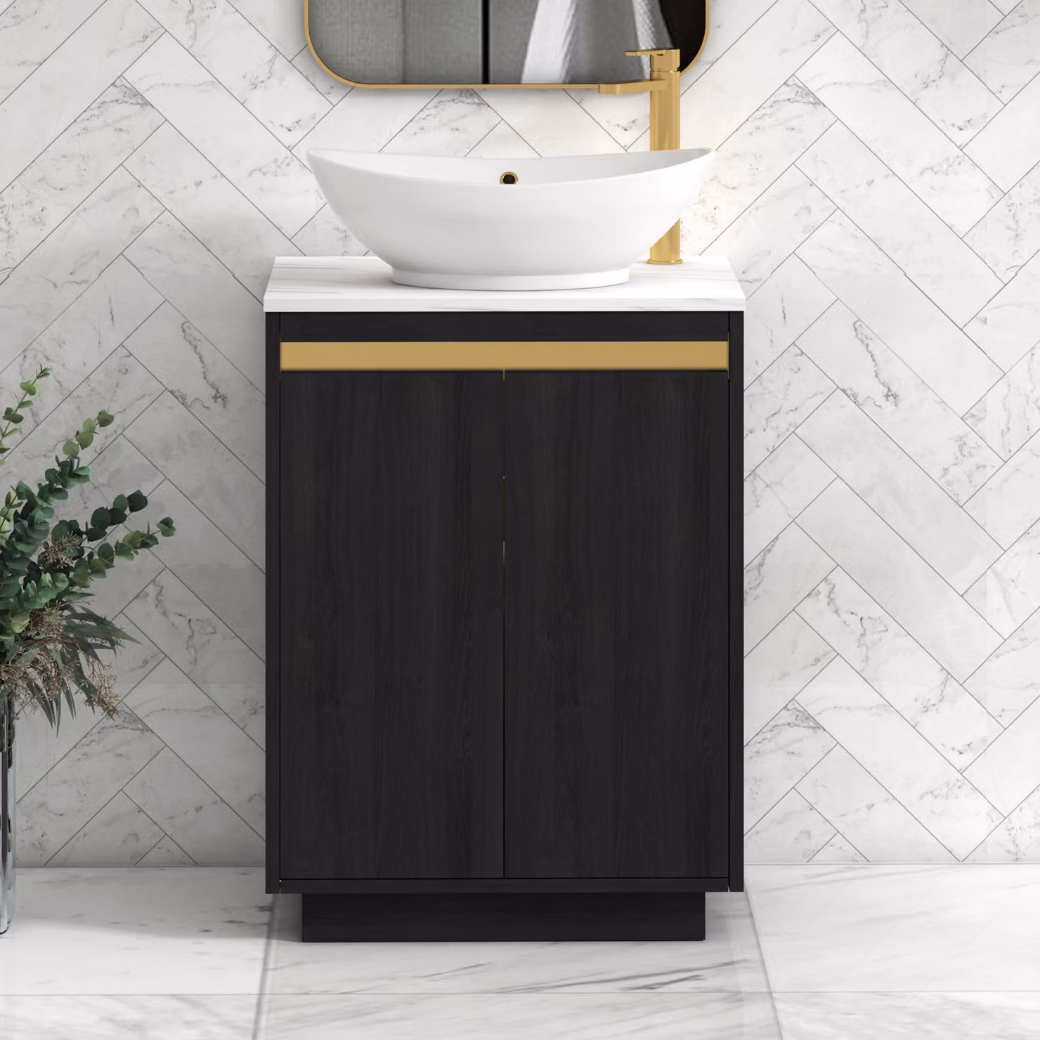 Royal Bathrooms Orion 600mm Hale Black Floor Standing 2 Door Vanity Unit with Carrara White Amaze Basin and Brushed Brass Accent Trim