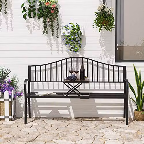 Outsunny 2 Seater Metal Garden Bench with Foldable Middle Table in Black – 2