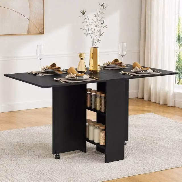 STILVORA Modern Black Drop Leaf Dining Table with Storage and Castors