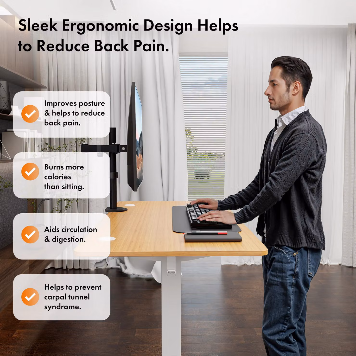 VonHaus Electric Height Adjustable Standing Desk with USB-C Charging in Light Brown – 3