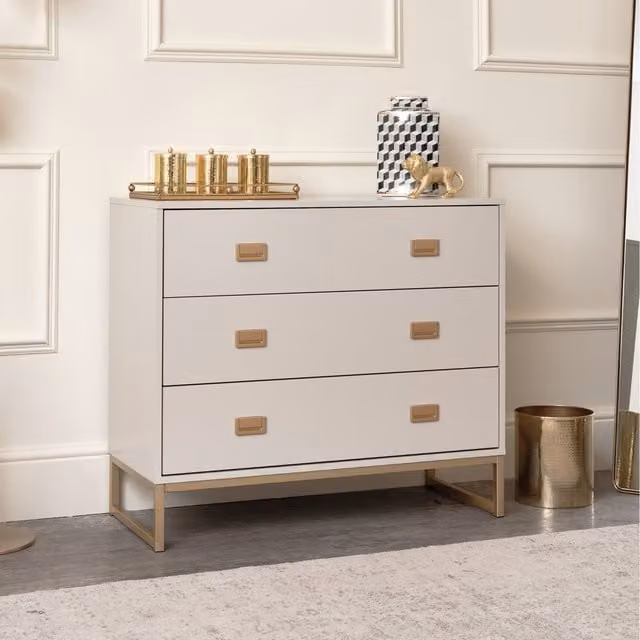 Melody Maison Modern 3 Drawer Chest of Drawers in Beige and Gold
