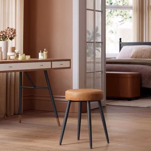 VASAGLE Mid-Century Modern Upholstered Dining Stools Set of 2 in Grey and Brown with Metal and Wood Frames