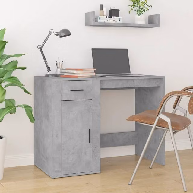 Berkfield Home Elegant Modern Desk with Office Cabinet in Concrete Grey Matt MDF