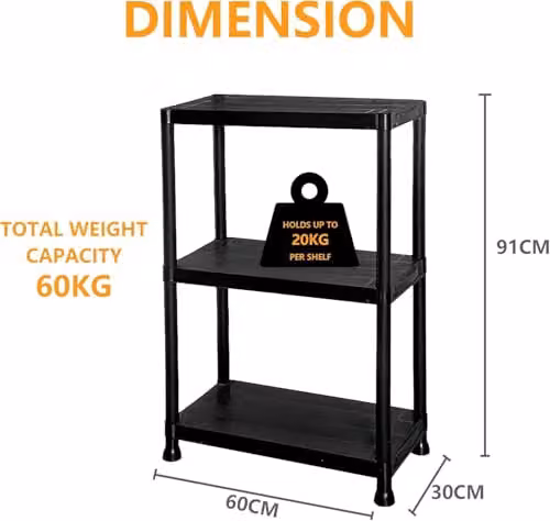 MANTRARAJ 3 Tier Heavy Duty Black Plastic Storage Shelving Unit, H x W x D: 91 x 60 x 30 cm – 3