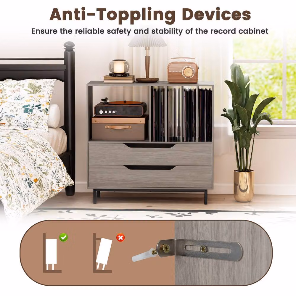 Costway Mid Century Record Player Stand with Media Compartments in Grey – 7