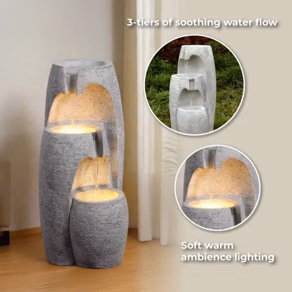 Teamson Home Garden Modern 3-Tier Cascading Urn Outdoor Water Feature with LED Lights, Grey – 6