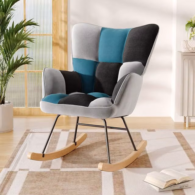 Livingandhome Tufted Upholstered Rocking Chair with Wooden Runner in Black, Grey and Blue