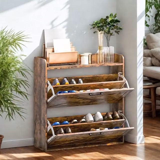 FURNOS Rustic Brown Hallway Shoe Storage Cabinet with 2 Drawers and Open Shelf, W/D/H: 80 x 24 x 81.5 cm