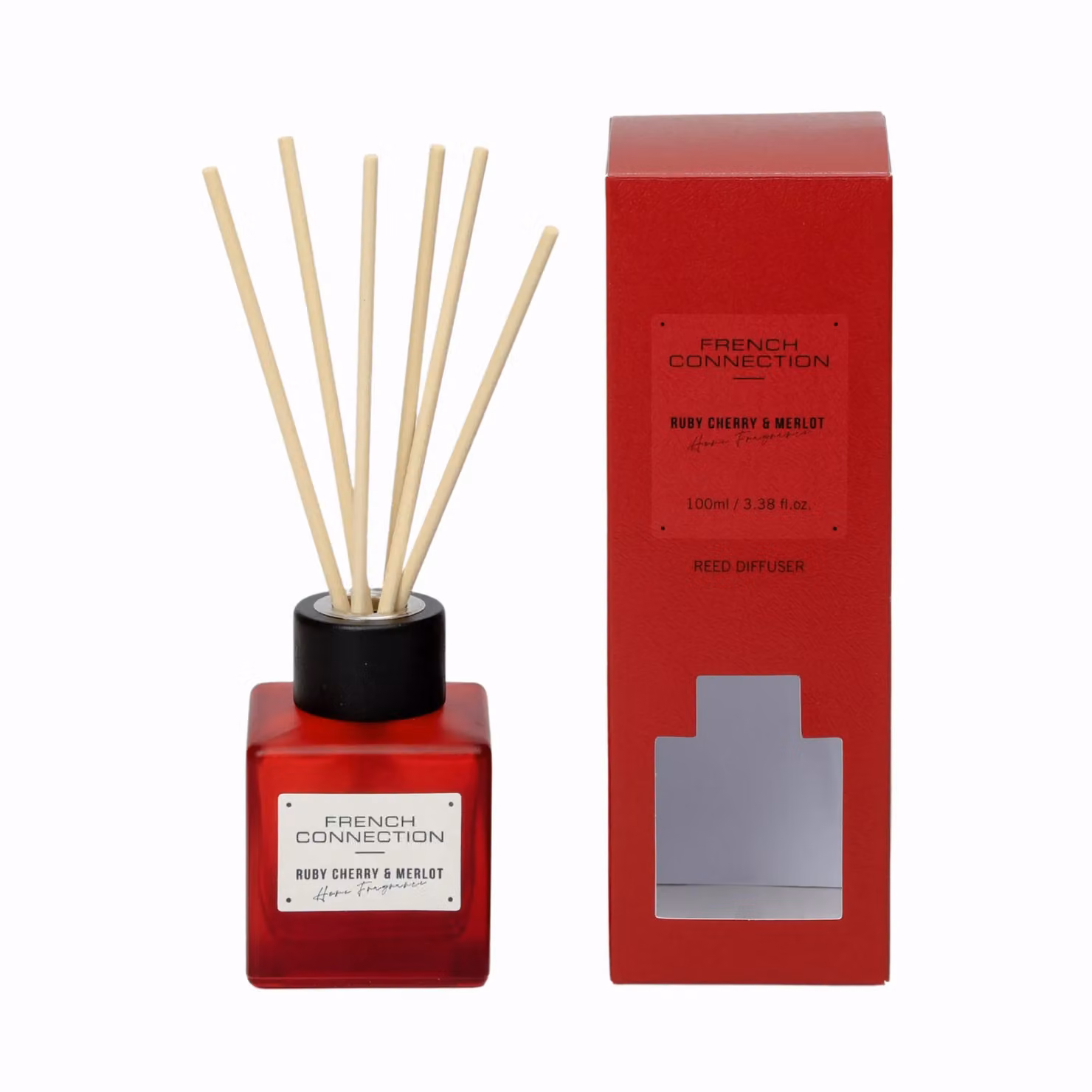 French Connection Ruby Cherry & Merlot Reed Diffuser, 100ml, Dark Red Square Glass Design – 2