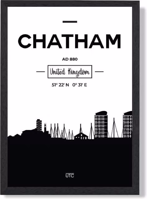 ARTZE Chatham Black and White City Skyline Framed Print in Black Frame, A3 – 1