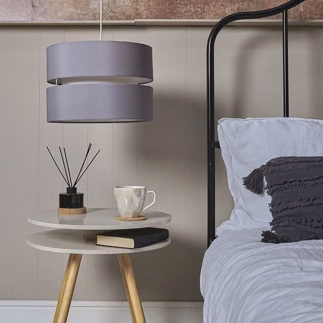 ValueLights Sophia Large 2 Tier Grey Fabric Cylinder Ceiling Light Shade and Bulb