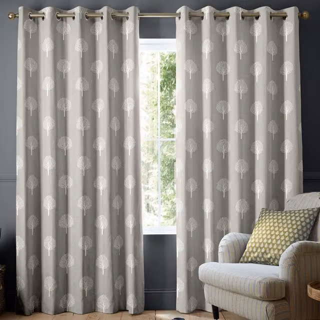 Emily Bond Yew Tree Made to Measure Blackout Fabric Curtain in Pebble with Floral Design