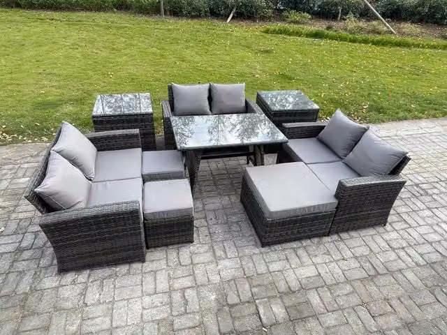 Fimous Outdoor Lounge Sofa Set in Dark Grey Rattan with 2 Seater Sofa, Coffee Table and Ottoman