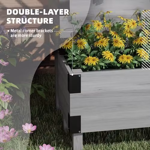 Outsunny 2-Tier Grey Wooden Raised Garden Bed with Trellis, W/D/H: 140 x 62.5 x 108 cm – 4