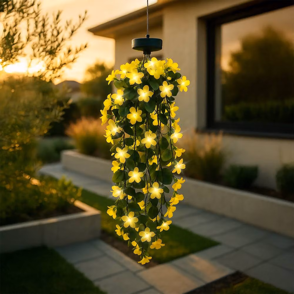 Gardenwize Solar Powered LED Hanging Primrose Flower Lights in Yellow with 30 LEDs and IP44 Waterproof Rating – 2