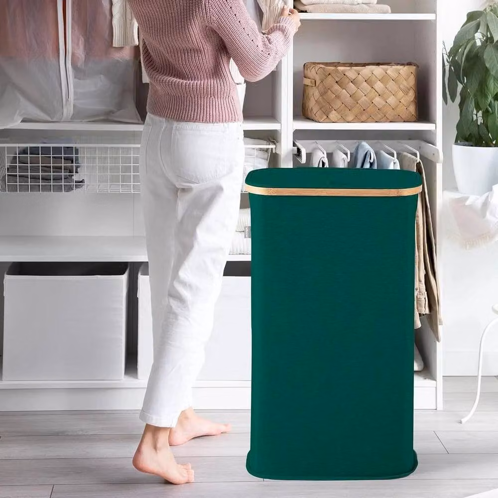 FLAVORA Green Vencier 60L Slim Laundry Hamper with Lid and Bamboo – 2