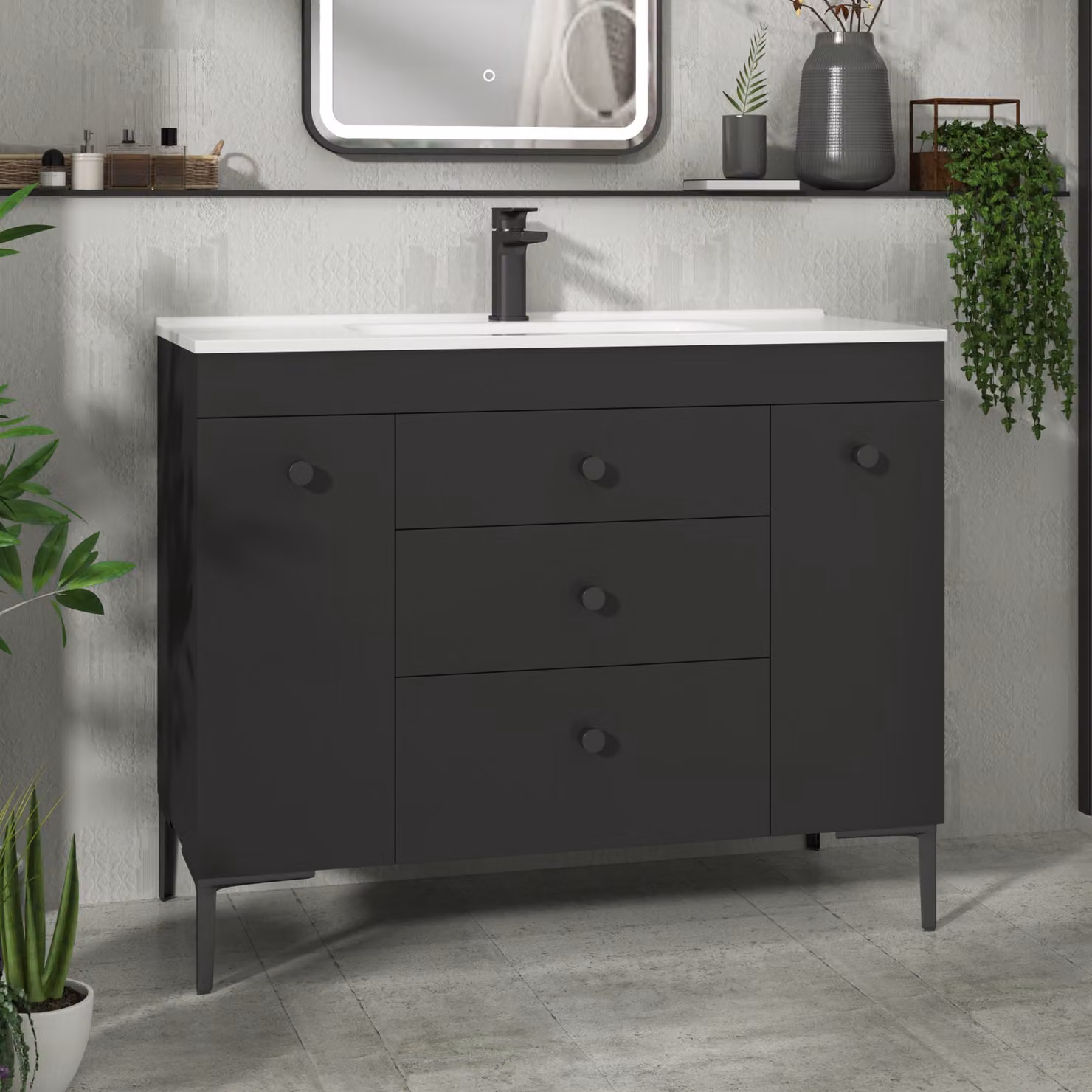 Royal Bathrooms Verona 1000mm Matt Black Floor Standing Vanity Unit with 3 Drawers, Dual Side Pull Out Storage and Ceramic Basin